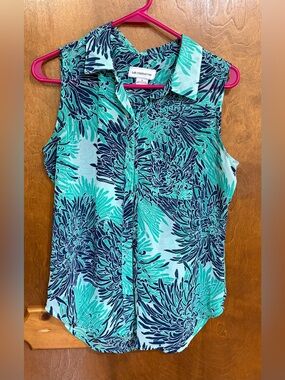 Liz Claiborne Turquoise & Navy Floral Sleeveless Button-Front Top